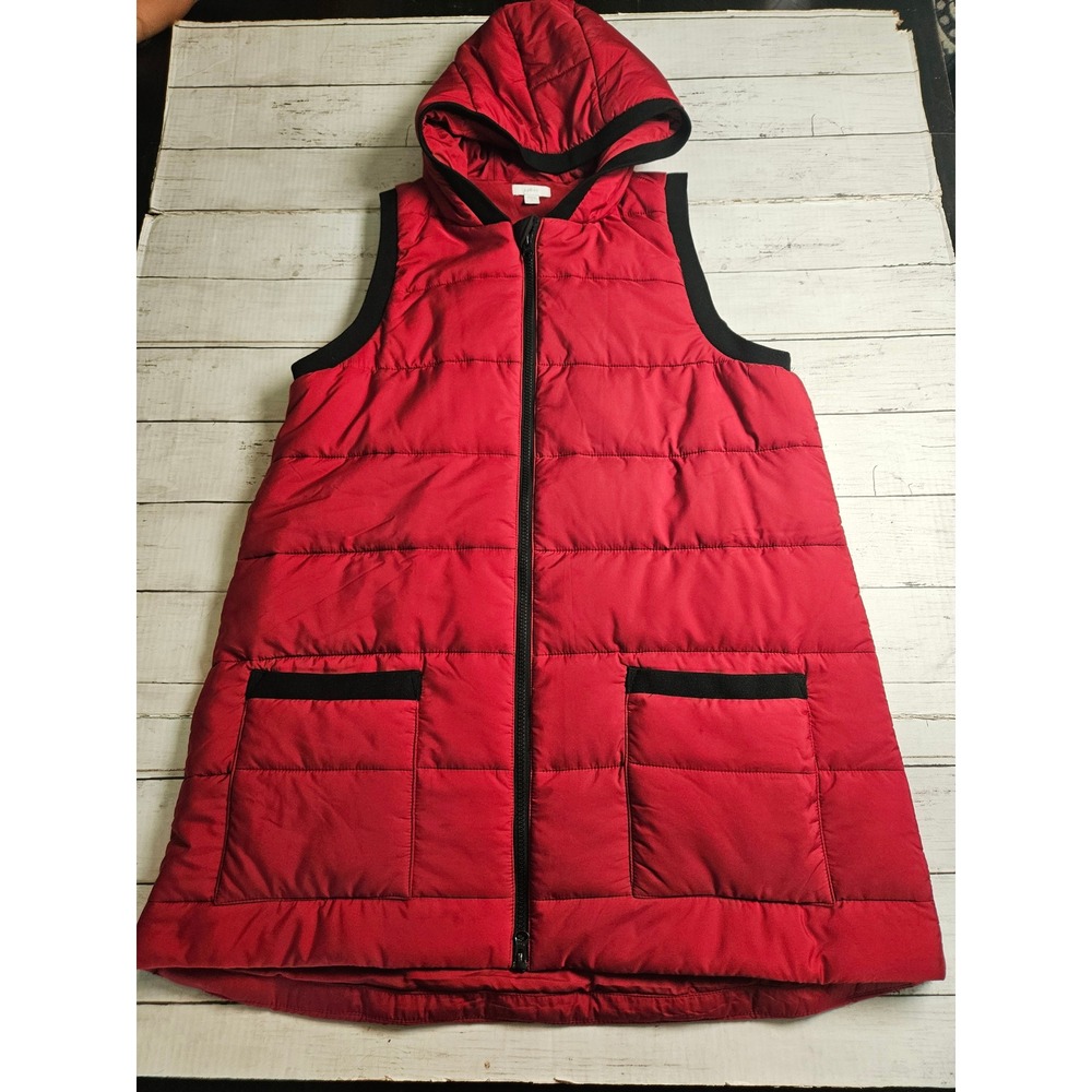 J. Jill Fit Red Hooded Puffer Vest Longline Quilted Full Zip Medium Tall MT